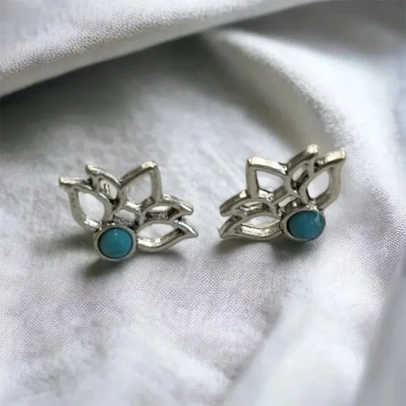 Turquoise Stone Bohemian Silver Stud Earrings - Picture 2 of 5